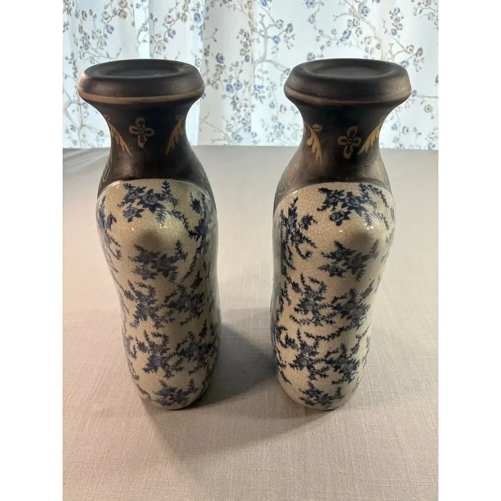 Pair Blue White Crackle Glaze Chinoiserie Style Ceramic Vases Made In China